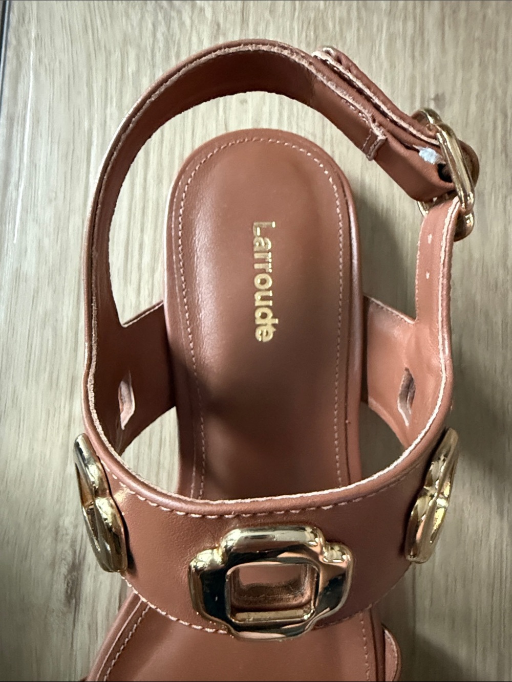 Larroude Caramel Brown Leather Sandals with Gold Hardware | Size 7 - Picture 3 of 8